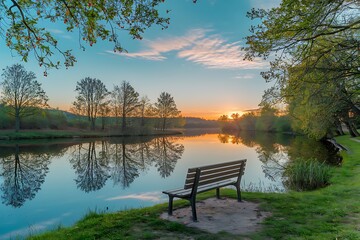 A tranquil lake scene at sunset. A wooden bench sits lakeside, reflecting trees and a vibrant sky. Peaceful and serene atmosphere.
