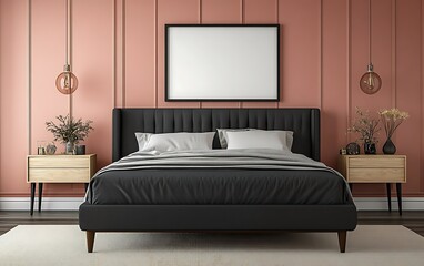 Modern bedroom interior design, black bed, pink wall, mockup frame, calm atmosphere, for home decor websites.