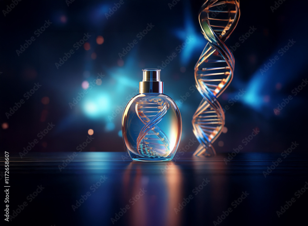 Poster a perfume bottle with a dna double helix subtly embedded within its design, set against a dark, spar