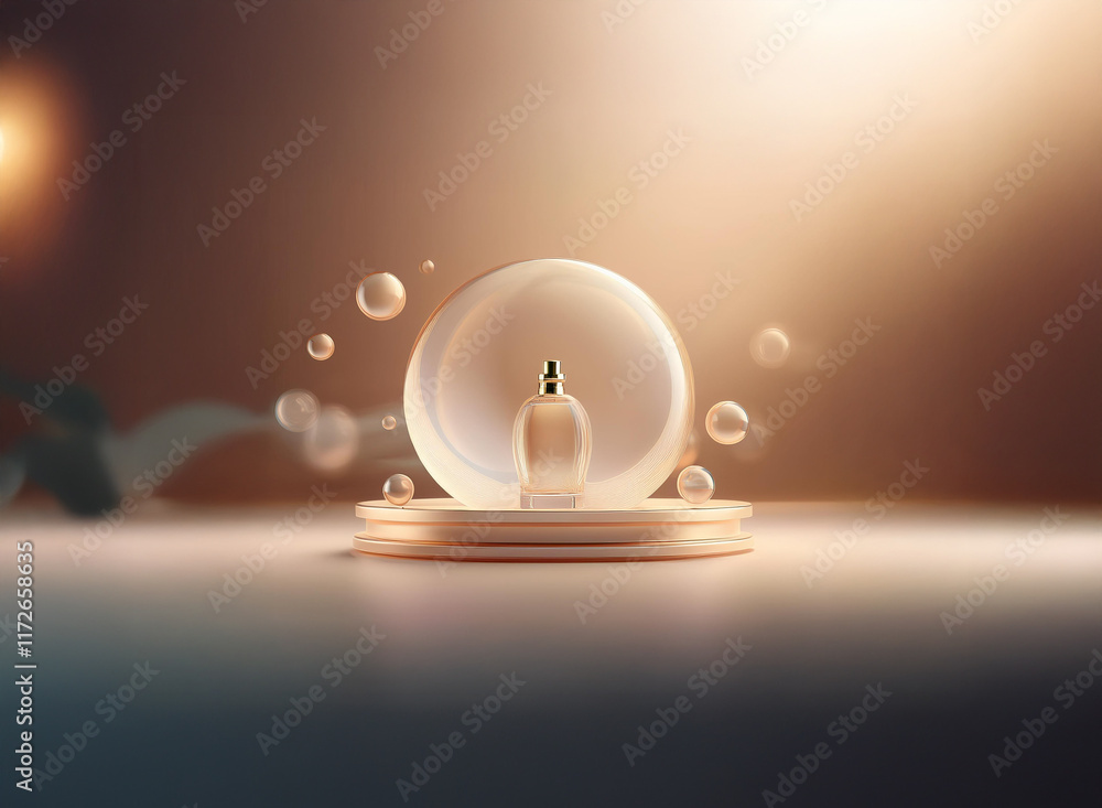Poster a perfume bottle sits inside a translucent sphere, resting on a minimalist platform. surrounding it 