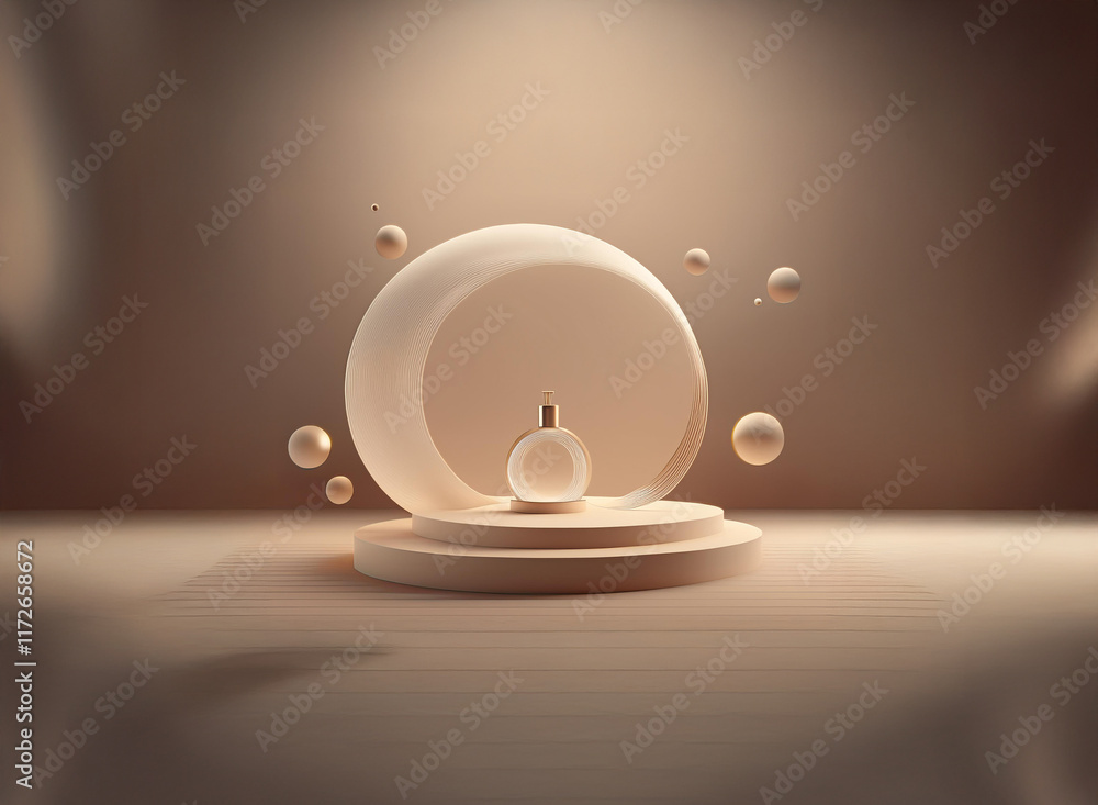 Poster abstract 3d rendering of a minimalist beige podium with floating spheres, showcasing a sleek, bottle