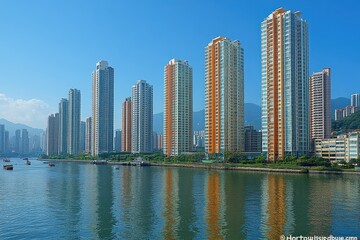 Fototapeta premium Skyscrapers reflect on a tranquil river in a vibrant urban landscape during daylight hours