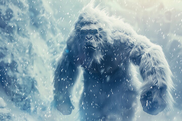 Huge fantasy hairy yeti character in beautiful outdoor nature color, abstract vivid composition consists of fictional unreal fantastic vision on background