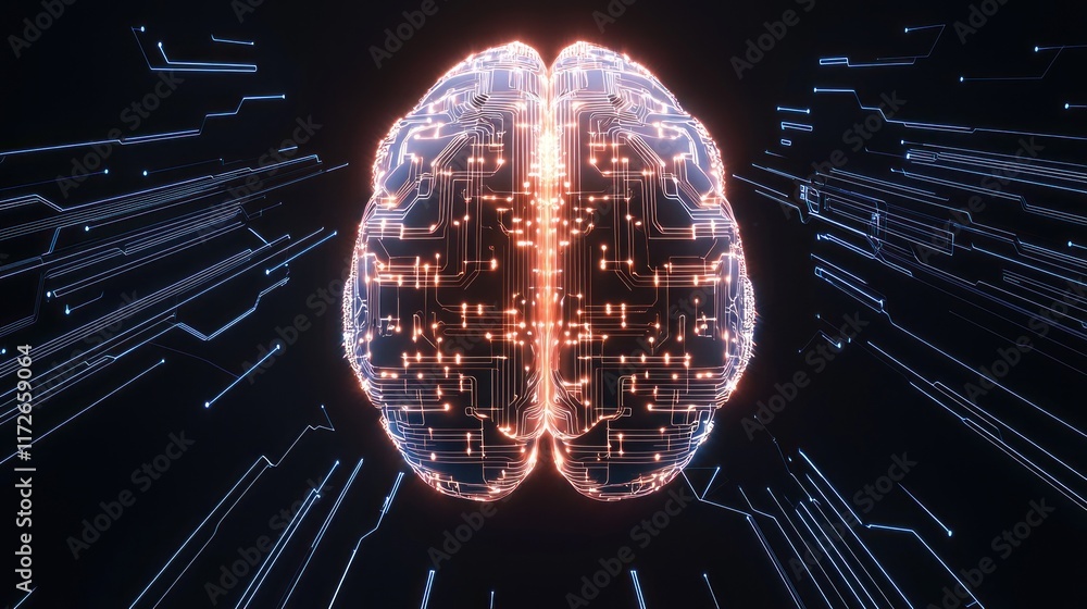 Poster a digital brain with glowing circuits representing intelligence.
