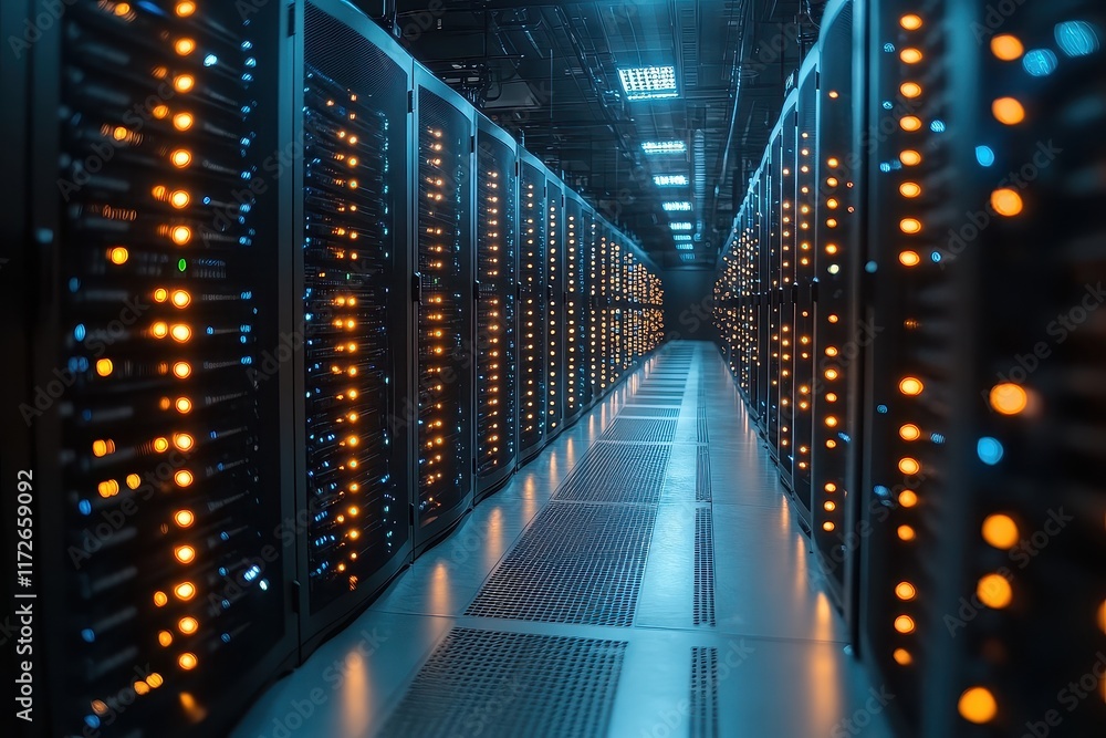 Poster data center corridor with illuminated server racks showcasing advanced technology and infrastructure