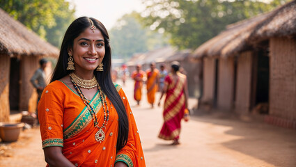 Bellissima giovane donna indiana sorridente con capelli lunghi neri vestita con abiti tradizionali posa per una foto in strada in un villaggio in India