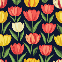 Vibrant floral pattern featuring various tulips in red, yellow, and white against a dark background.