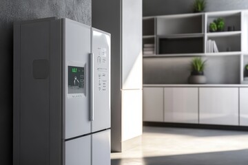 Modern refrigerator in a stylish kitchen with open storage and natural lighting