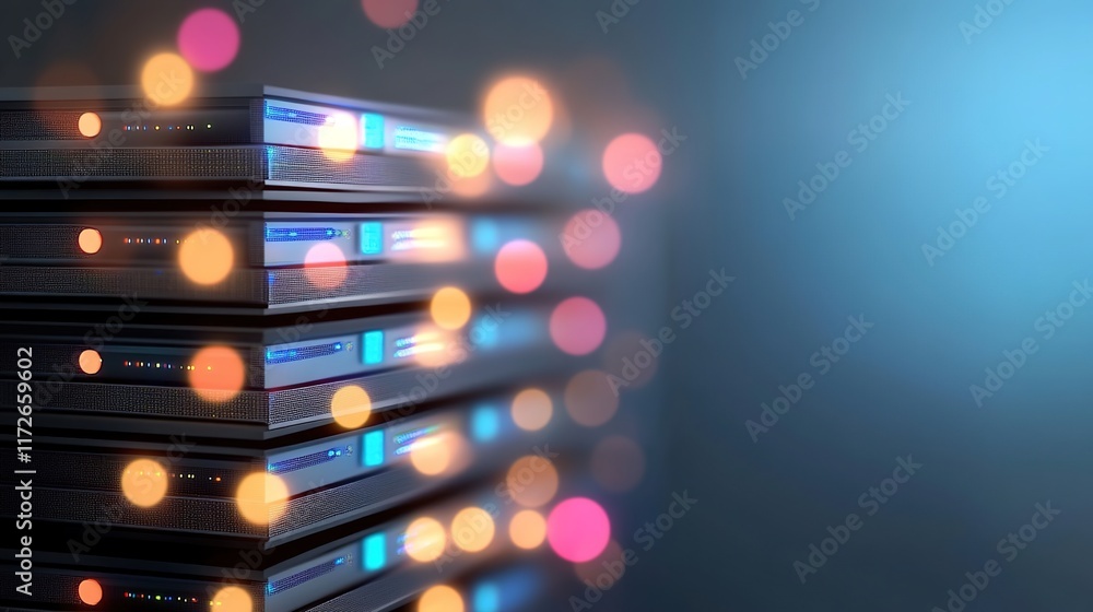 Poster data center servers with colorful bokeh effect in modern environment