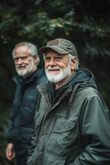 Fototapeta premium Two happy men in their fifties wearing outdoor clothes hiking in a forest.
