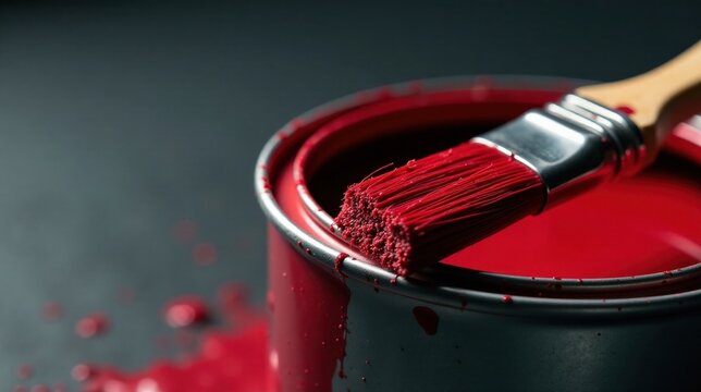 Crimson paintbrush resting in a can of vibrant red paint, showing fresh paint and a metallic container