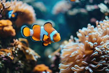 Fototapeta premium Fantastically beautiful bright clownfish swims in deep sea among color corals, abstract vivid composition consists of fictional unreal fantastic vision on background