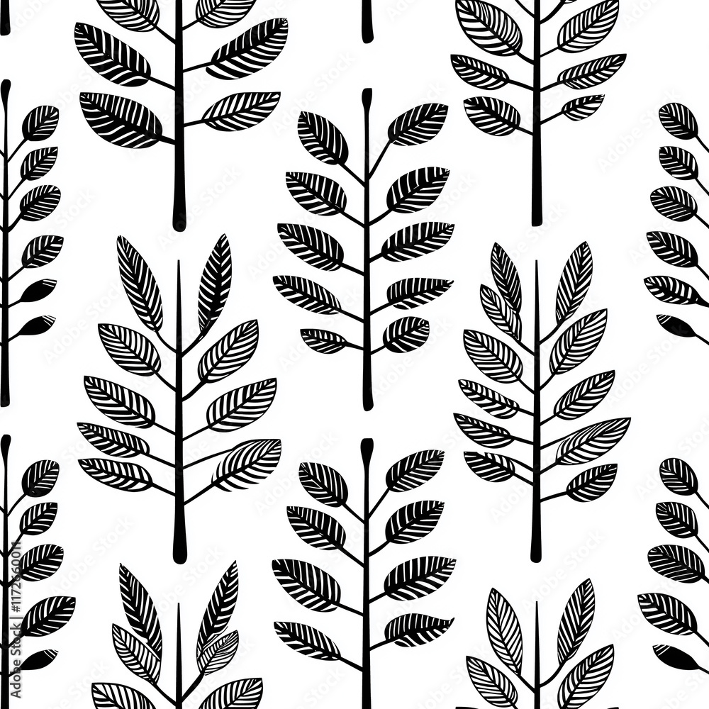 Poster black and white pattern of stylized leaves arranged in a repetitive design on a light background.