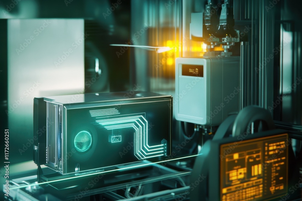 Poster advanced technology in automated manufacturing showcasing a robotic arm in action