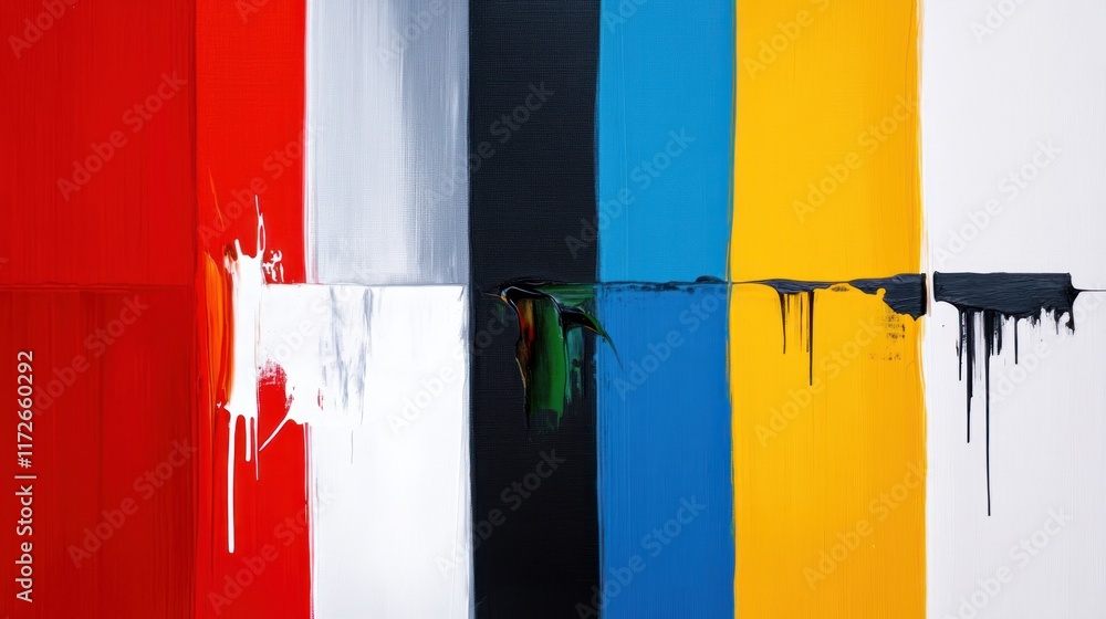 Poster abstract painting with vertical color blocks and paint drips.