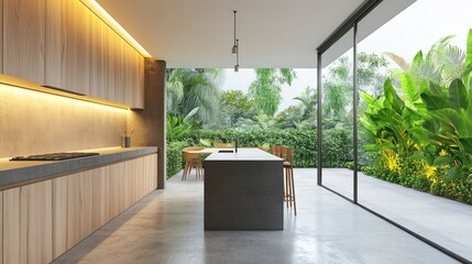 Modern kitchen with island, wood cabinets, and tropical garden view.