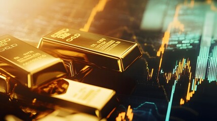  neatly stacked gold bars and bullions arranged in front of an uptrend chart, with intricate details of financial symbols and gradients on the graph, Generative AI 