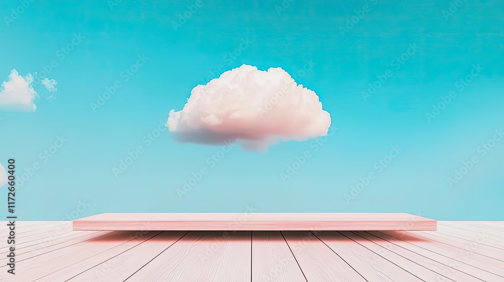 Poster minimal skies concept. a minimalist platform in a bright sky with a single fluffy cloud above it.