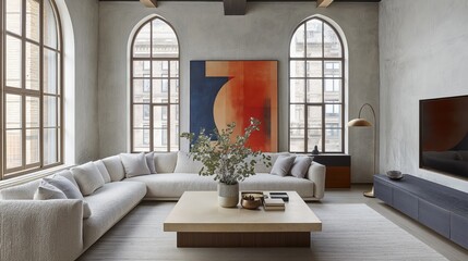 Fototapeta premium Generative AI, Spacious living room with cream boucle sofa, gray velvet sofa, live-edge walnut table, and arched windows