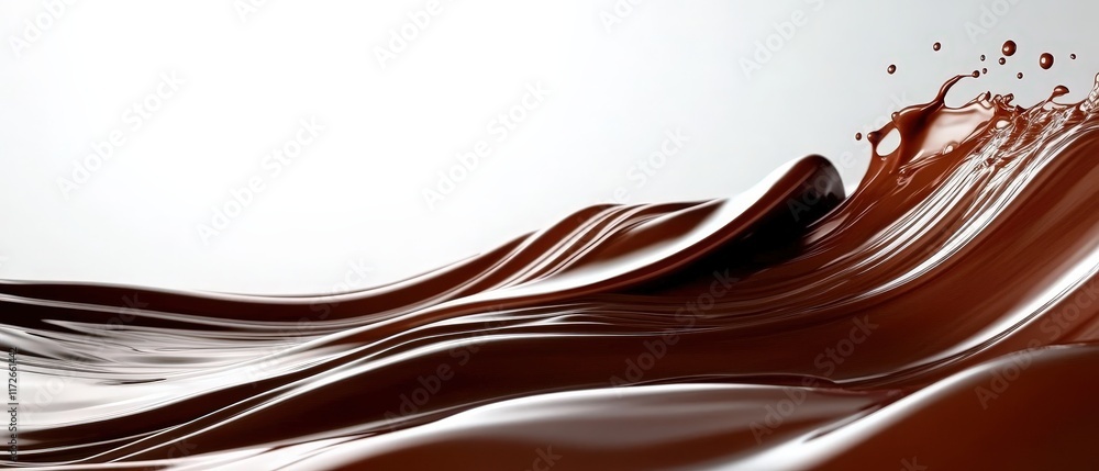 Poster dripping melted chocolate waves with drops on white background creating an exquisite and tempting vi