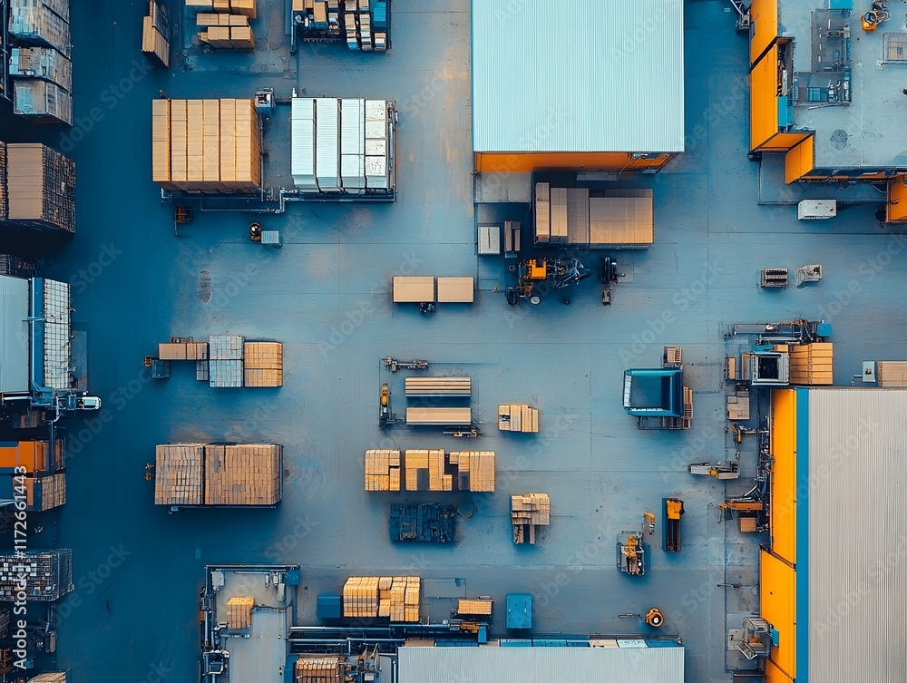 Poster aerial view of a bustling warehouse filled with neatly arranged shipping containers and goods. the v