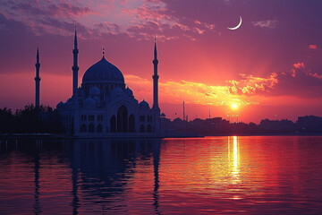 Fototapeta premium Mosque silhouette at sunset over water, crescent moon, city skyline