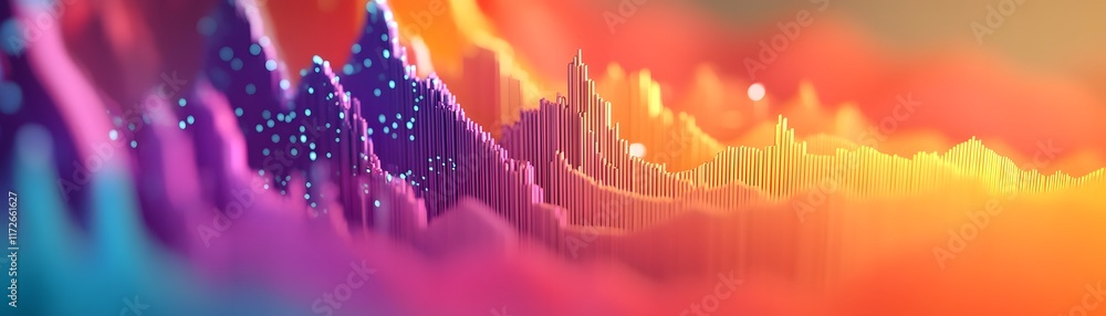 Poster an abstract representation of sound waves in vibrant colors, showcasing a dynamic blend of hues that