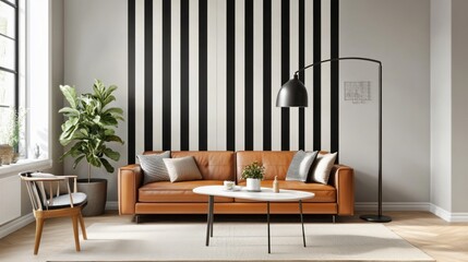 Modern living room with brown leather sofa, black and white striped wall, and floor lamp.
