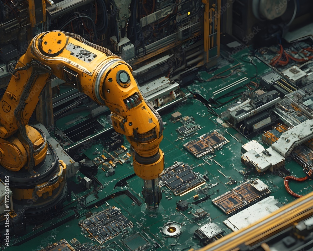Poster an industrial robotic arm working on a circuit board in a high-tech manufacturing facility, showcasi