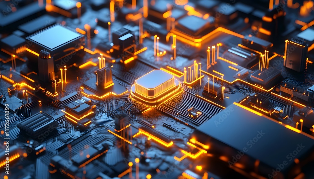 Poster an intricate close-up of a circuit board illuminated by vibrant orange lights, showcasing the comple