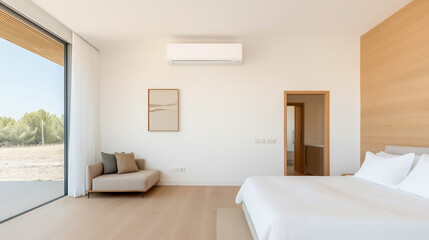 Modern Minimalist Bedroom with Stunning Views: A bright and airy bedroom featuring a large bed with crisp white linens, a plush sofa.