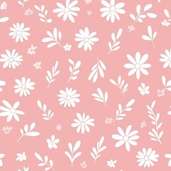 
Seamless pattern of white floral shapes on a pink background, in a cute pastel style, simple flat illustration, vector art, clipart. 