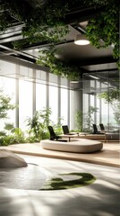 Fototapeta premium Modern office, abundant plants, calming water feature.