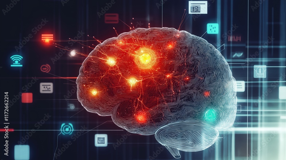 Poster illuminated brain with technology icons and neural connections