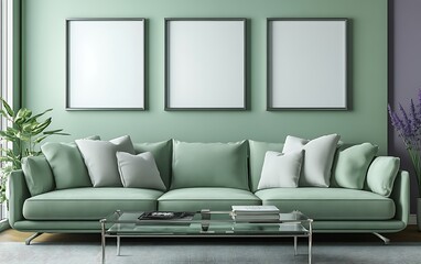 Modern living room interior design, green sofa, three frames, calm background.