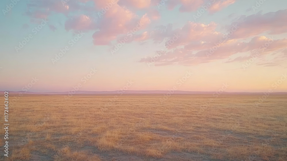 Poster minimal skies idea. a serene landscape at sunset, showcasing vast fields and colorful, fluffy clouds