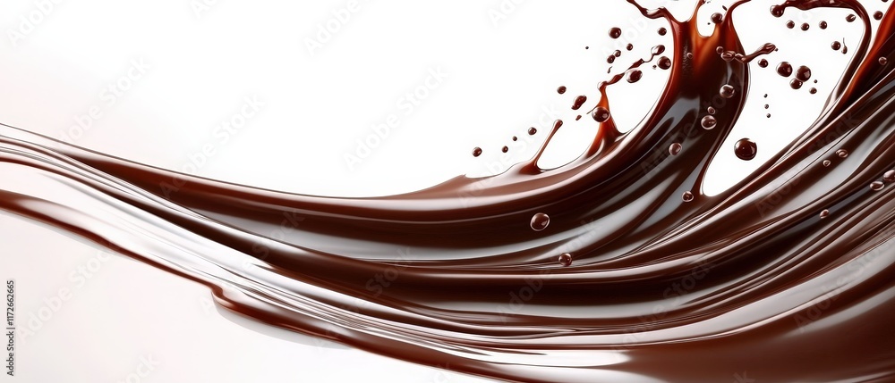 Poster fluid waves of dripping melted chocolate with drops on a white background creating an irresistible v