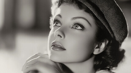 Vintage portrait of a woman in a hat gazing upward with elegance and charm