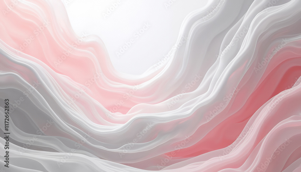Poster abstract wavy layers in soft pink and white tones creating a serene atmosphere of fluidity and movem