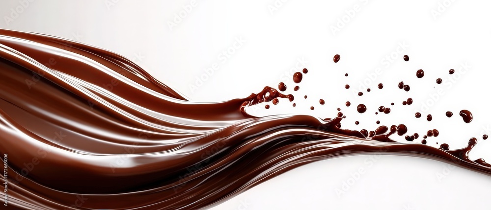 Poster smooth waves of dripping melted chocolate with dynamic drops on a pure white background creating an 