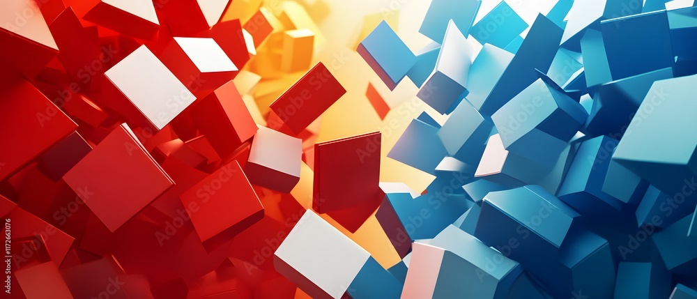 Poster dynamic abstract composition of vibrant red and blue cubes creating an energetic visual effect. idea