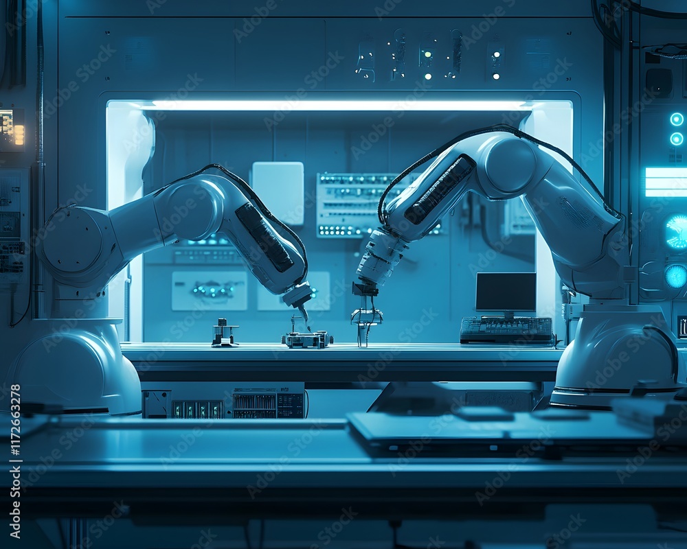 Poster futuristic robotic arms engage in precise tasks within a high-tech laboratory, showcasing advanced a