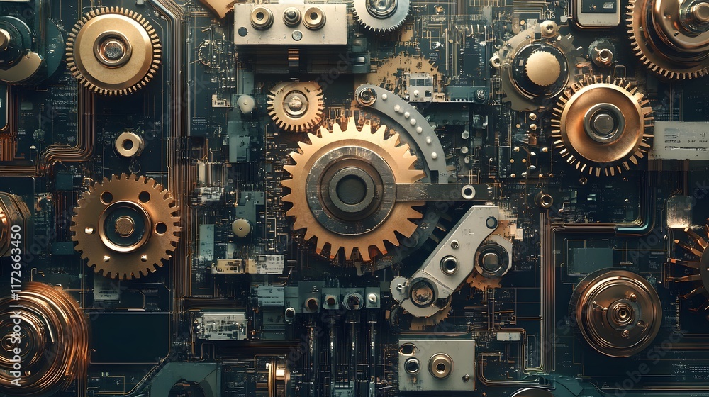 Poster intricate close-up of mechanical gears and circuits displaying a blend of artistry and engineering. 