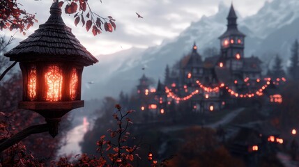 Enchanting Autumnal Lantern Illuminates Fairytale Village at Dusk