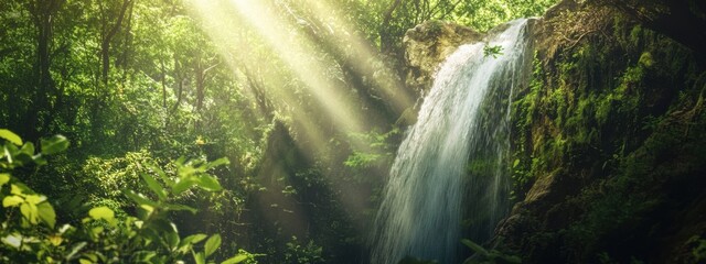 An enchanting view of a hidden forest waterfall surrounded by lush greenery, with sunlight filtering through the trees and creating a magical glow, Forest waterfall scene