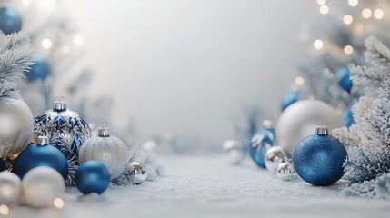Christmas and winter holiday marketing background, with winter and christmas tree themes, christmas ornaments and presents, snowy vibes.
