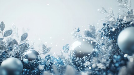 Christmas and winter holiday marketing background, with winter and christmas tree themes, christmas ornaments and presents, snowy vibes.
