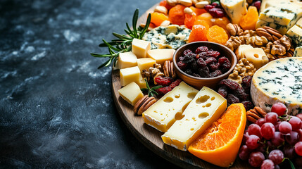 Elegant cheese board featuring a variety of aged cheeses with fruits and nuts for an inviting gathering experience