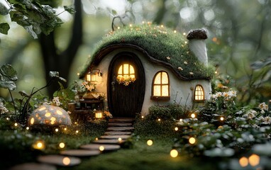 Enchanting Fairy House in Lush Forest Magical Cottage with Glowing Lights Mossy Roof