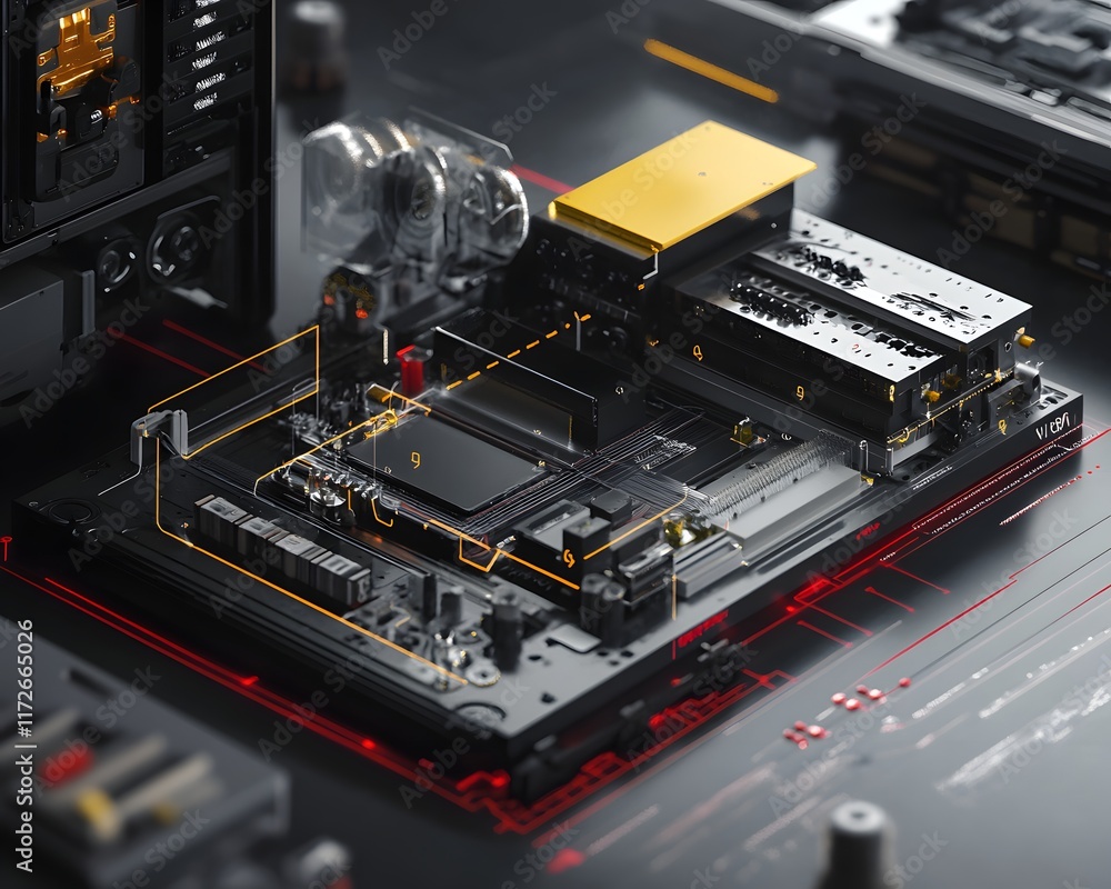 Poster a close-up of a modern computer motherboard featuring intricate circuits and components, highlightin